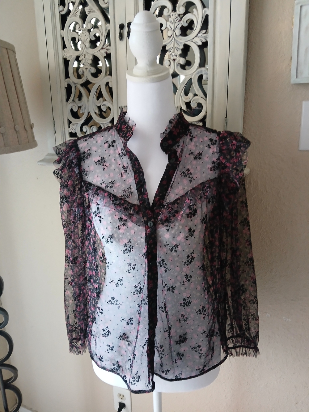 Zara Black & Pink Sheer Floral Ruffle Blouse